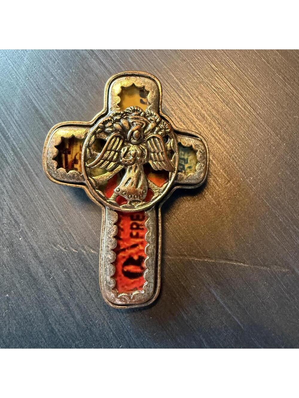 Vintage Folk Art Cross and Angel Large Statement Ring Multiple Sizes